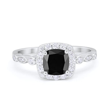 Halo Cushion Wedding Ring Bridal Simulated Black CZ 925 Sterling Silver